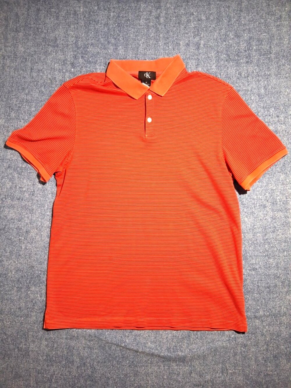 Calvin Klein Men's Medium 100% Cotton Orange Striped Short Sleeved Polo Shirt